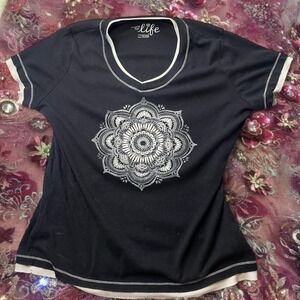 Y2K Made For Life Black & white boho short sleeve tee  large